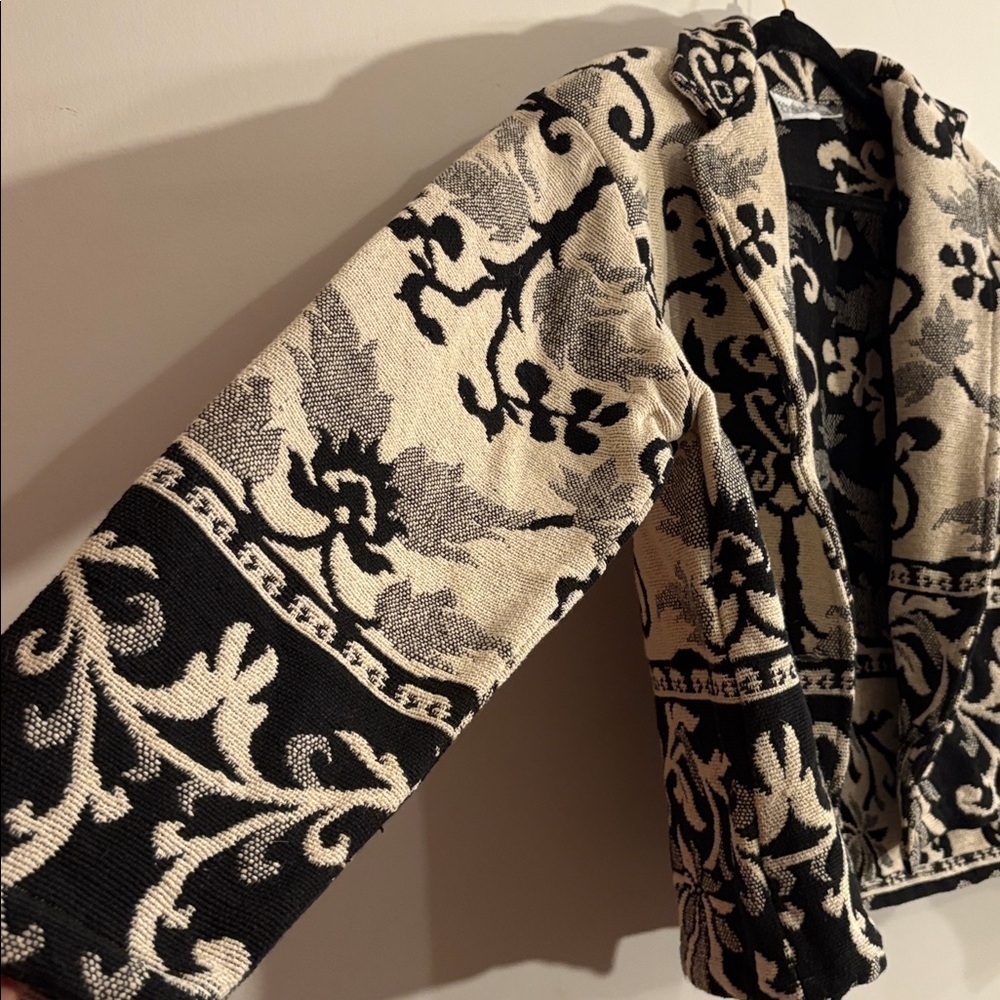 Women's Black and Cream Cotton Tapestry Vintage 90s Y2K Jacket Medium 8/10 - Picture 4 of 14